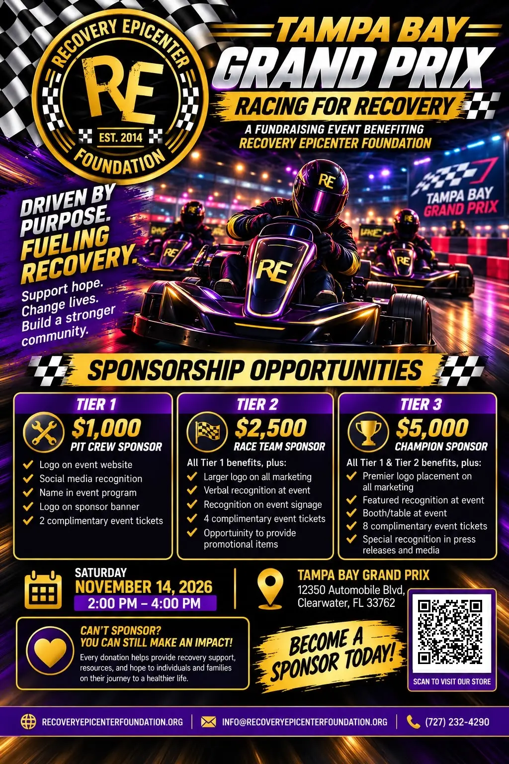 Racing for Recovery by Recovery Epicenter Foundation sponsorship opportunities: Tier 1 $1,000 Pit Crew Sponsor, Tier 2 $2,500 Race Team Sponsor, Tier 3 $5,000 Champion Sponsor